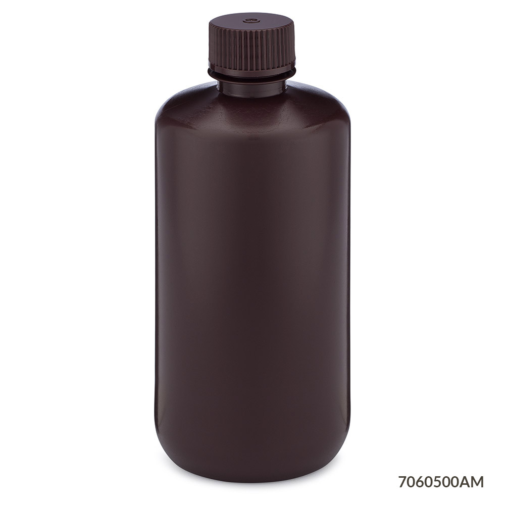 Globe Scientific Bottle, Narrow Mouth, HDPE Bottle, Attached PP Screw Cap, Amber, 500mL, 12/Pack Image